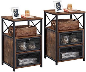 lot 31413 image: VECELO Modern Nightstand, End Table with flip Drawer and X-Design Side for Bedroom Living Room Office, Easy Assembly,Set of 2,Retro Brown