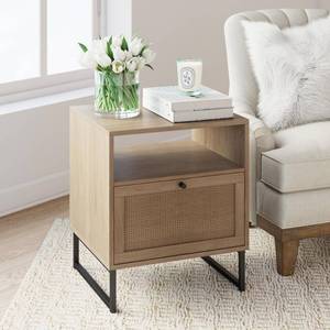lot 31595 image: Nathan James Mina Natural Oak Wood Black Accent with Storage Living Room End Table or Bedroom Nightstand