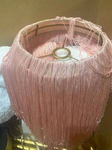 lot 31642 image: GOLD FLOOR LAMP WITH PINK FRINGE LAMP SHADE