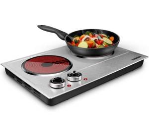 lot 31654 image: CUSIMAX 1800W Ceramic Electric Hot Plate for Cooking, Dual Control Infrared Cooktop, Portable Countertop Burner, Glass Plate Electric Cooktop, Silver, Stainless Steel-Upgraded Version