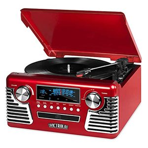 lot 31673 image: Victrola 50s Retro Bluetooth Record Player & Multimedia Center with Built-in Speakers - 3-Speed Turntable, CD Player, AMFM Radio  Vinyl to MP3 Recording  Wireless Music Streaming  Red