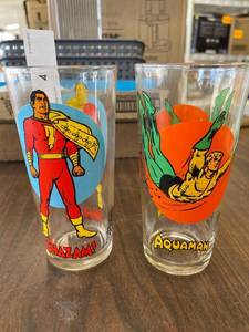 lot 4 image: Shazam, Aquaman 1976 Pepsi glasses