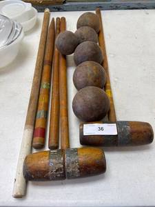 lot 36 image: Vintage wood croquet set, with balls