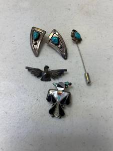 lot 43 image: Sterling silver, Mexico, turquoise earrings pin and pin back