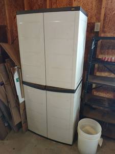 lot 1011 image: Work Force lockable 2 door outdoor  indoor storage cabinet with peg board lined doors and pegs 69 x 30 x 18 in