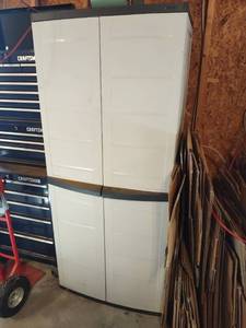 lot 1013 image: Work Force lockable 2 door outdoor  indoor storage cabinet with peg board lined doors and pegs 69 x 30 x 18 in