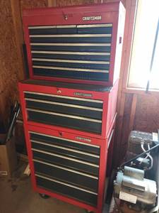 lot 1019 image: Craftsman red rolling toolbox with 2 stackable boxes 66 x 27 18 in