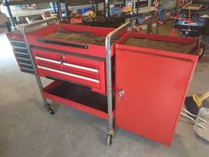 lot 1023 image: Rolling red tool cart with removable side boxes 36 x 58 x 18 in