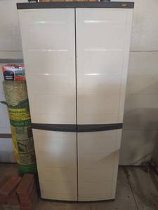 lot 1033 image: Work Force lockable 2 door outdoor  indoor storage cabinet with peg board lined doors and pegs 69 x 30 x 18 in