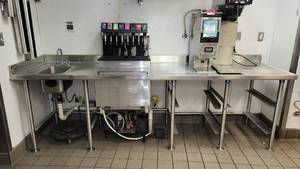 lot 2874 image: 9ft Stainless Steel Prep Table W a Beverage Dispenser &amp Ice Well (#CB2323A)
