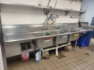lot 2877 image: Commercial Three Well Stainless Steel Sink W Two Drainboards