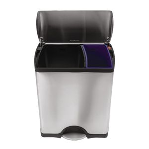 lot 39982 image: simplehuman 46-Liter Brushed Stainless Steel Dual Recycler Step Trash Can, Has A Dent On The Side
