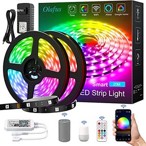 lot 2563 image: Olafus 65.6ft Smart RGB LED Strip Lights Kit, Power Adapter, Music Synch WiFi Tape Light with Remote, 24V 20m Strip with 600 LEDs 5050, Dimmable Color Changing, Compatible with Alexa, Google Assistant