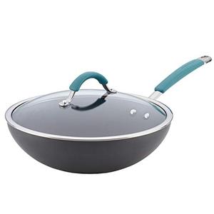 lot 2589 image: Rachael Ray Cucina Hard Anodized Nonstick Stir Fry Wok Pan, 11 Inch, Gray with Blue Handles