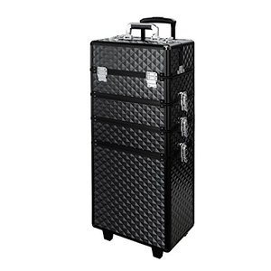 lot 2617 image: Qivange Makeup Train Case,4 in 1 Professional Rolling Makeup Trolley Case Aluminum Artists Jewelry Cosmetic Storage Case w 2 Wheels (Diamond Black)