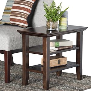 lot 2631 image: SIMPLIHOME Acadian SOLID WOOD 14 inch wide Rectangle Rustic Contemporary Narrow Side Table in Brunette Brown with Storage, 2 Shelves, for the Living Room and Bedroom