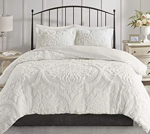 lot 2679 image: Madison Park Tufted Chenille 100% Cotton Duvet- Modern Luxe All Season Comforter Cover Bed Set with Matching Shams, Viola, Damask Off White - KingCal King (104x92) - 3 Piece