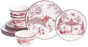 lot 7190 image: Bico Toile de Jouy Winter Wonderland Ceramics 12pcs Dinnerware Set, Service for 4, Inclusive of 11 inch Dinner Plates, 8.75 inch Salad Plates and 25oz Bowls, for Party, Microwave & Dishwasher Safe