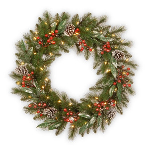 lot 7193 image: 24 Frosted Pine Berry Collection Wreaths with Pine Cones, Red Berries, Silver Glittered Eucalyptus Leaves & Warm White LED Lights