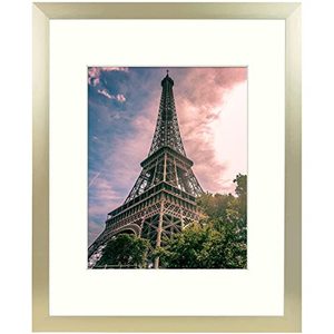 lot 7210 image: Golden State Art, 16x20 Brushed Aluminum Landscape Or Portrait Photo Picture Frame with Ivory Color Mat & Real Glass (16x20 frame for 11x14 photo, Satin Gold Color)