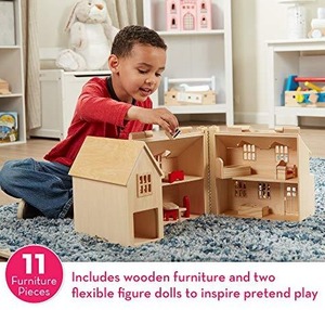 lot 8247 image: Melissa & Doug Fold & Go Wooden Dollhouse With 2 Play Figures and 11 Pieces of Furniture