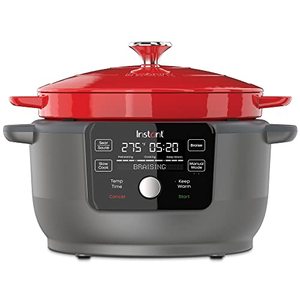 lot 8251 image: Instant Electric Precision Dutch Oven, 5-in-1 Braise, Slow Cook, SearSaute, Cooking Pan, Food Warmer, Enamel Coated, Cast Iron, 6-Quart, 1500W, Red
