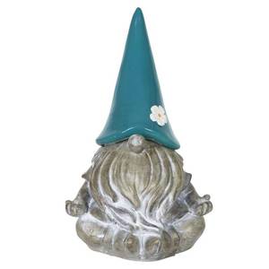 lot 8262 image: Solar Gnamaste Gnome Teal Hat Garden Statue - 7.0 x 6.0 x 11.5