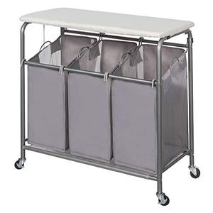 lot 8315 image: STORAGE MANIAC 3-Section Laundry Sorter, Heavy-Duty Rolling Laundry Cart with Ironing Board and Removable Bags, Triple Laundry Hamper with Wheels, Grey