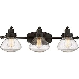 lot 8319 image: Quoizel SCH8603PN Scholar Glass Schoolhouse Vanity Wall Lighting, 3-Light, 300 Watts, Palladian Bronze (8H x 25W)
