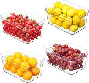 lot 8328 image: Refrigerator Organizer Bins, HERKKA 4 PACK Organizer Bins Stackable Fridge Organizers with Cutout Handles for Freezer, Kitchen, Countertops, Cabinets - Clear Plastic Pantry Food Storage