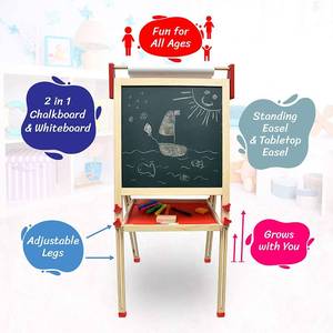 lot 2556 image: Large 3-in-1 Double Sided Wooden Easel - Dry-Erase Board, Chalkboard, Paper Roller - Adjustable Height