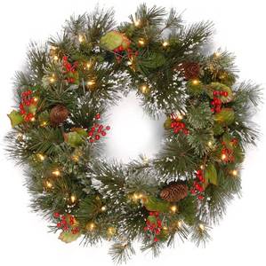 lot 6227 image: National Tree Company 24 Crestwood Spruce Wreath With Silver Bristle, Pine Cones, Berries, Glitter & 50 LED Lights