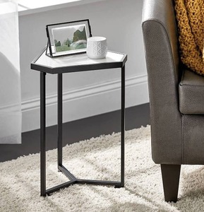 lot 8334 image: mDesign Triangle Metal & Marble in-Lay Accent Table - Small SideEndDrink Table - Decorative Legs, Marble Top - Home Decor Accent Furniture for Living Room, Bedroom - Matte BlackMarble