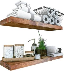 lot 7182 image: Wood Floating Shelves Set of 2 - Rustic Shelf 24 inch - Wide Wooden Wall Shelves for Living Room Bedroom Kitchen Bathroom Farmhouse - Walnut Color - 24
