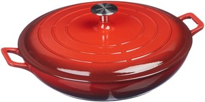 lot 2309 image: Amazon Basics - Enameled Cast Iron Covered Casserole Skillet, 3.3-Quart - Red - Retail $66.25