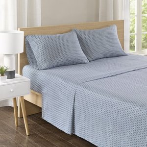 lot 2393 image: Comfort Spaces Diamond 100% Cotton Printed Sheet Set - King Blue - Retail $35.55