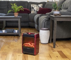 lot 2407 image: Comfort Zone - Mini Ceramic, Electric Fireplace Stove  Red, 3D Fan-Forced Heater with 2 Heat Settings - Retail $40.99