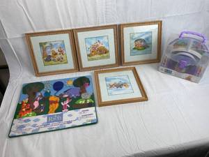 lot 7604 image: Winnie The Pooh Lot - New 100 Acre Wood Play Board, 5-Piece Dinnerware Set and 4 nursery Prints for the wall - NICE