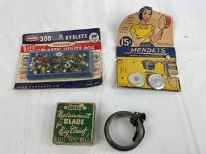 lot 7633 image: Vintage Repair Items - In the Good Old Days, They fixed it Eyelets, Mendets and Big Chief Tape Measure Blade - All original