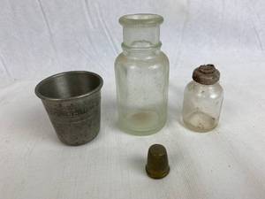 lot 7638 image: Vintage Item - Large Joke Drinking Thimble, Sewing Thimble, Apothecary Jars