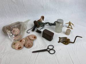 lot 7648 image: Bag of Vintage Milk Bottle Caps, Spice Tin, Oil Lamp Wick and More