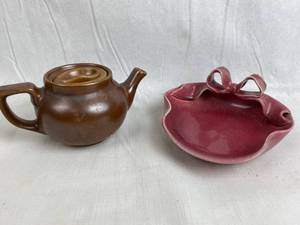 lot 7649 image: Lot of 2 Vintage Potter Pieces HALL w Lid and Handmade Red Dish w Bow - Both Nice