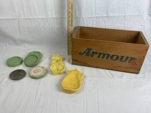 lot 7663 image: Antique Wooden Armour Box and Ceramic Coasters and Vintage Spoon Rests