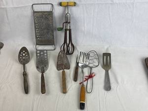 lot 7668 image: Antique Kitchen Utensils - Would make GREAT DECOR Grater, Egg Beater and more