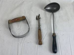 lot 7670 image: Antique Kitchen Utensils - Pastry Springs, Can Opener and Large Ladle