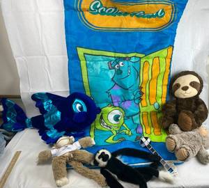 lot 7690 image: Boys Sleepover lot - Monsters Inc Sleeping Bag and Fun, Nice Plush Stuffed Animals