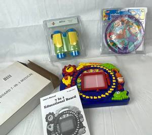lot 7731 image: Kids Lot - 7 in One Educational Board - NIB Binoculars and Rugrats Plate Set