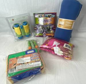 lot 7734 image: Lot of New Childrens items - Alphabet Blocks, Binoculars, Tooth Fairy Pillow, Action Figures and Blanket