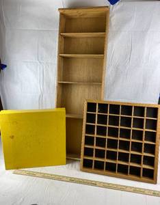lot 9109 image: Wooden Display Shelves and Small Curio Box, Vintage Yellow Table