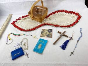 lot 9122 image: Vintage Rosary Bead Sets , Basket, Crucifix and Doily Runner Decor